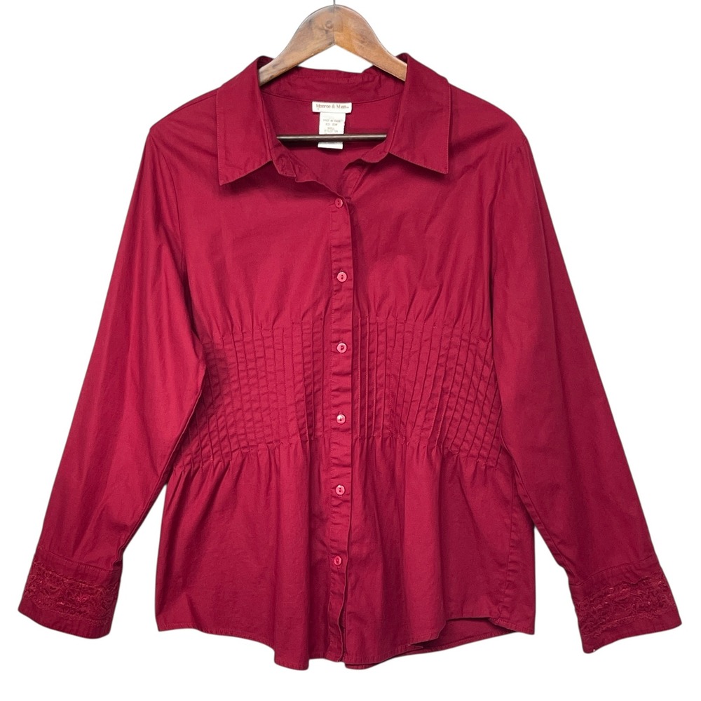 Monroe & Main Womens 16W Red Pintuck Waist Lace Cuff Button Down Shirt Peplum
